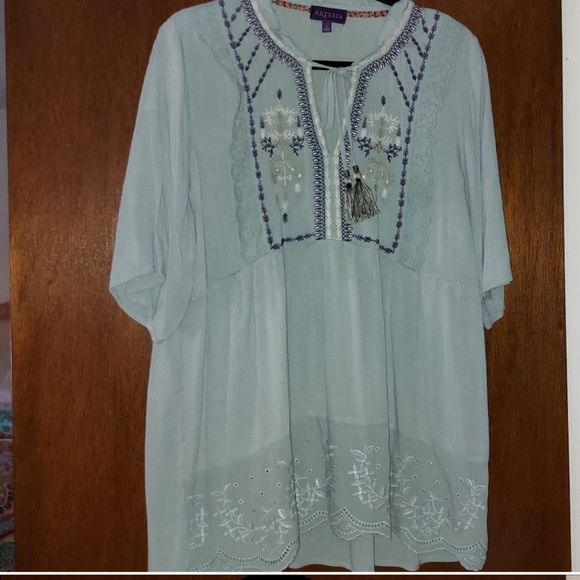 SOLD!  Sale 🌞 Artesia~Pastel Blue Embroidered Ruffle Eyelet Tassel Blouse NWOT - Picture 9 of 16